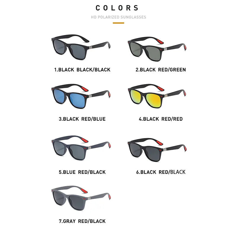 Various colored sunglasses with color options listed on a white background