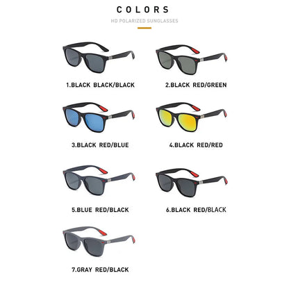 Various colored sunglasses with color options listed on a white background