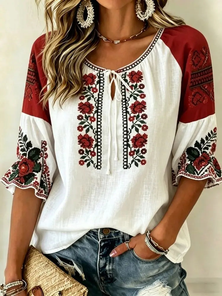 Women's Red & White Floral Embroidered Tie Neck Blouse, Casual Loose Tops for Spring Summer Daily Wear & Vacation Occasions