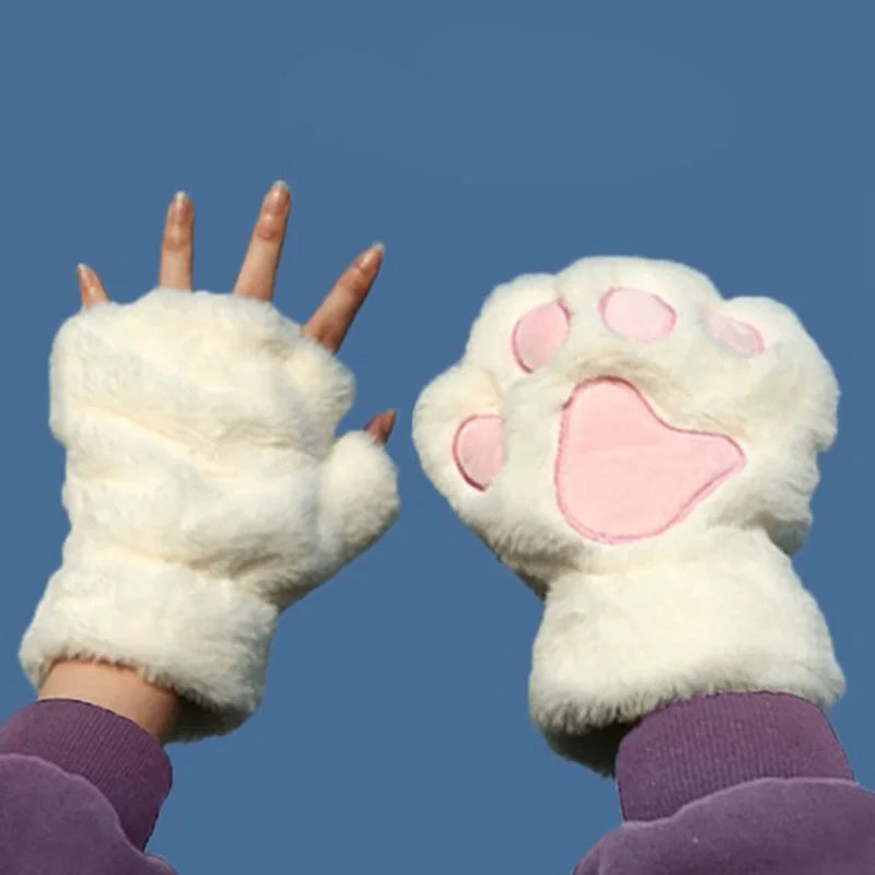 Women's Plush Cat Paw Fingerless Gloves