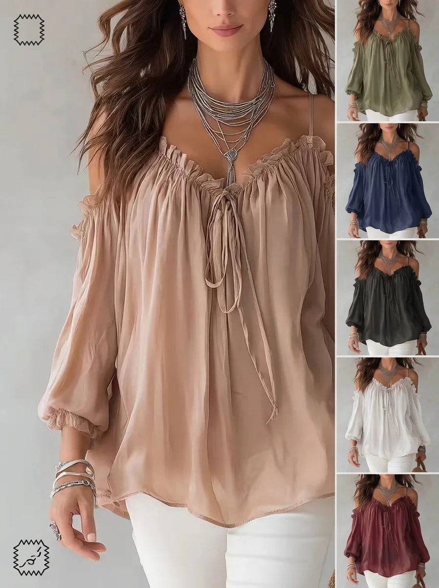Elegant Off Shoulder Blouse Ruffled V Neck Lace Up Puff Sleeve Chiffon Shirts Loose Casual Summer Fashion Women Long Sleeve Top