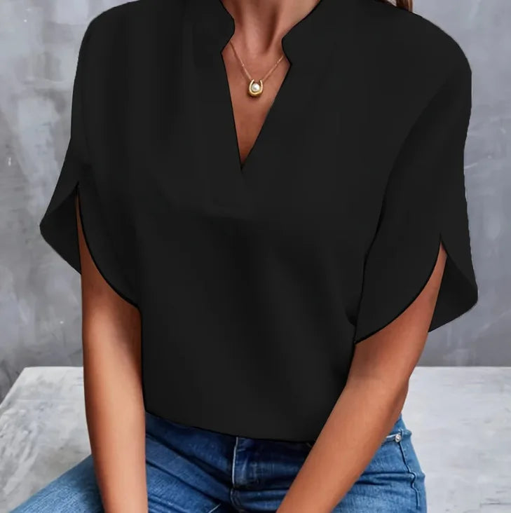 Women's Elegant V-Neck Chiffon Blouse – Casual Short Sleeve Loose Summer Top