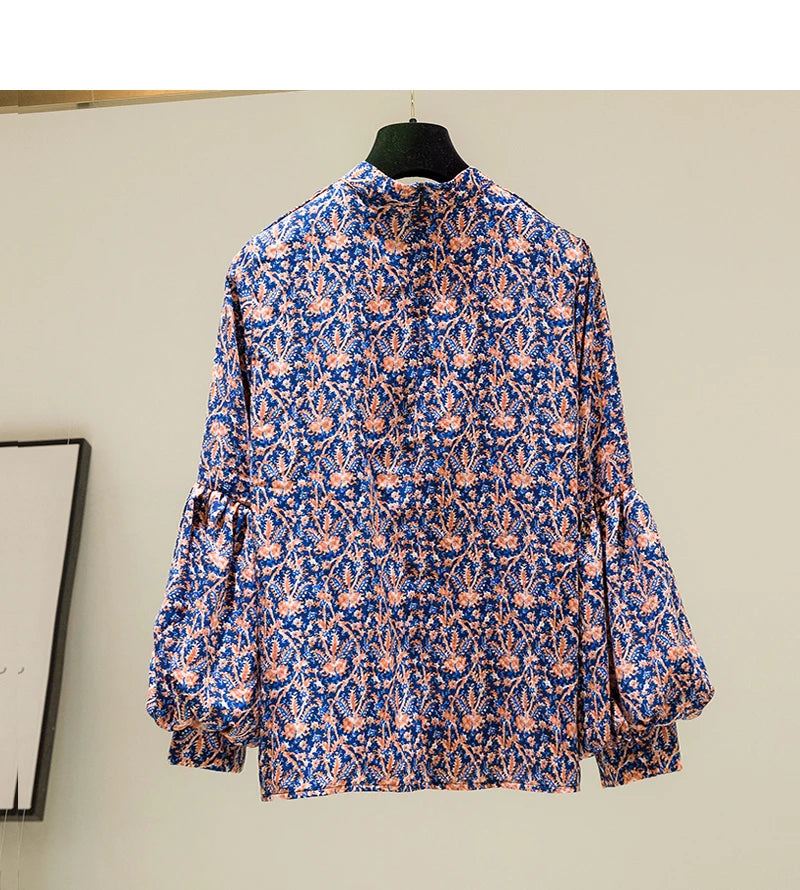 Floral Print Vintage Chiffon Stand Collar Lantern Sleeve Pullover Women's Blouse Shirt Casual Female Clothing Tops Fashion 2024