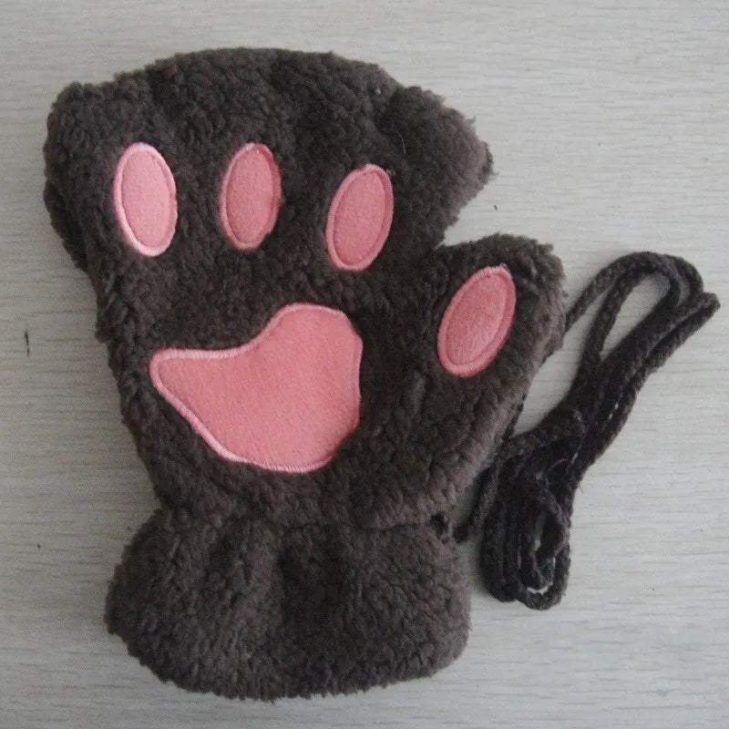 Women's Plush Cat Paw Fingerless Gloves
