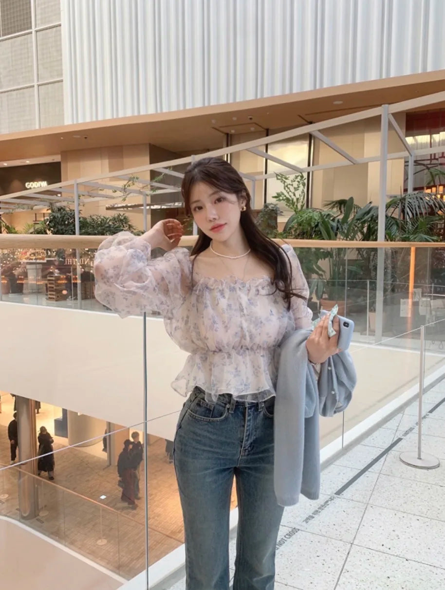 Chic Spring Women's Blouse Gentle Shoulder Bared Floral Bubble Sleeve Chiffon Top Korean Style Loose Fit Long Sleeve Short Le...