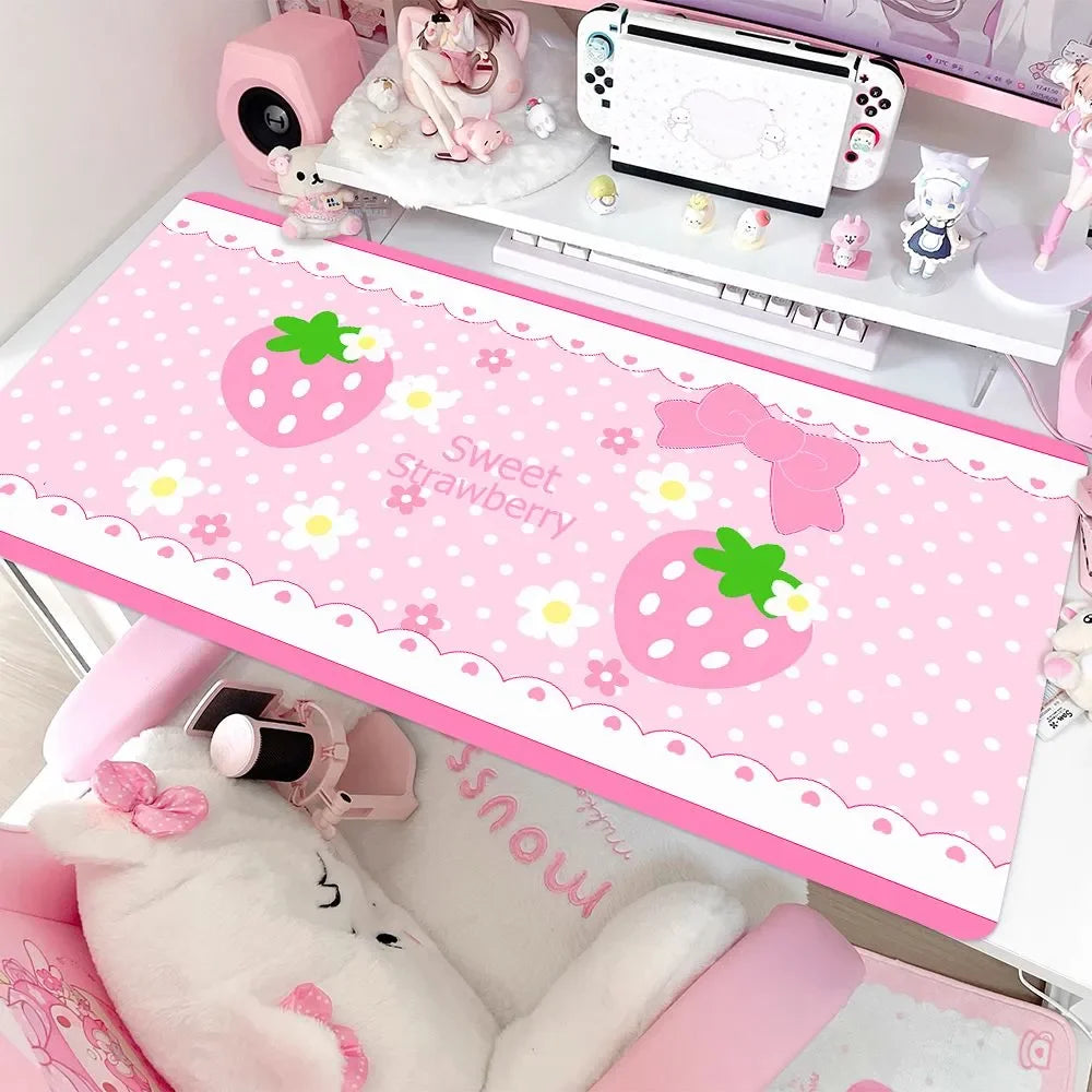 Leather Desk Pad Protector Pink Polka Dots Strawberry Y2K Bow Mouse Pad Office Desk Mat Waterproof Non-Slip PU Desk Blotter Pad