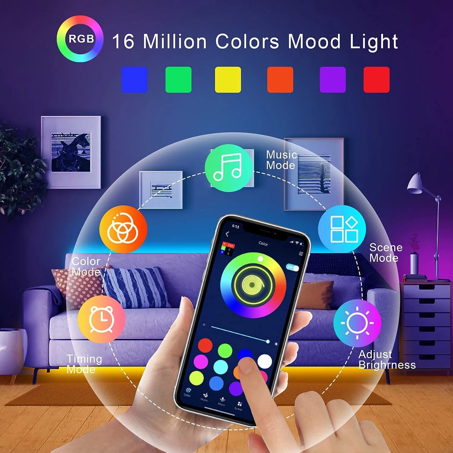 RGB LED Strip Lights with App & Remote Control – Flexible Room Bedroom Decoration Tape