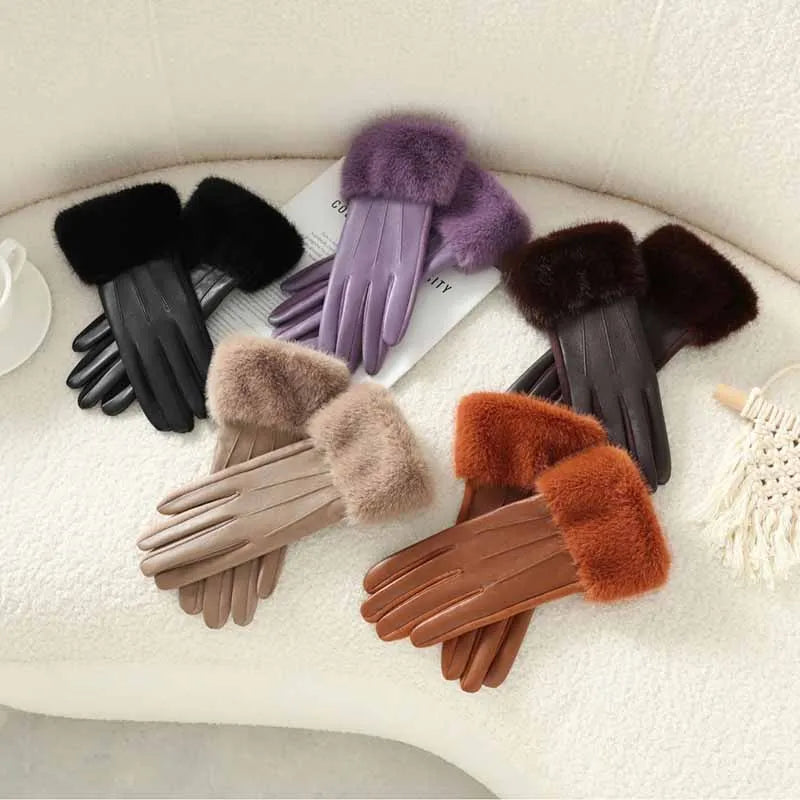 Women's Faux Leather Gloves with Faux Fur Cuff – Touchscreen