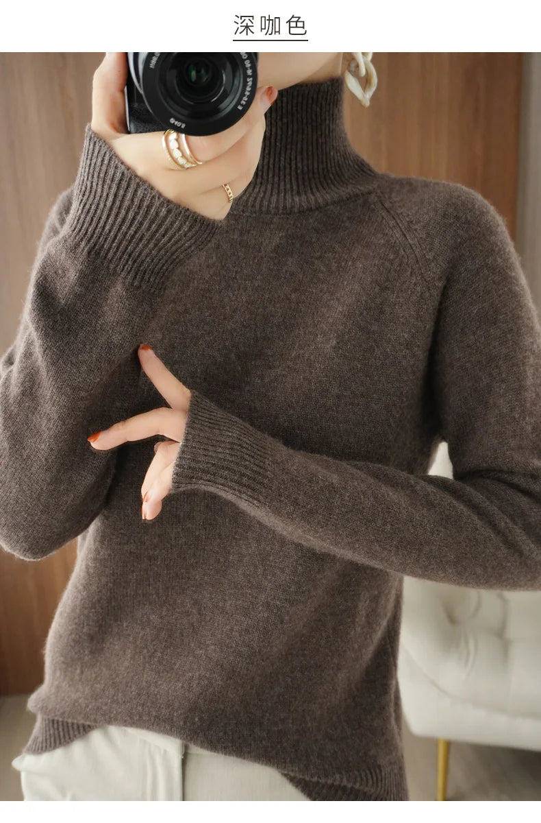 Fashion Basic Autumn Winter Merino Wool Sweater Mock Neck Cashmere Pullover Solid Color Soft Long Sleeve Basic Clothing Tops