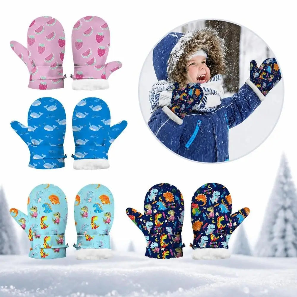 Kids' Printed Fleece-Lined Snow Mittens with Anti-Lost Clip
