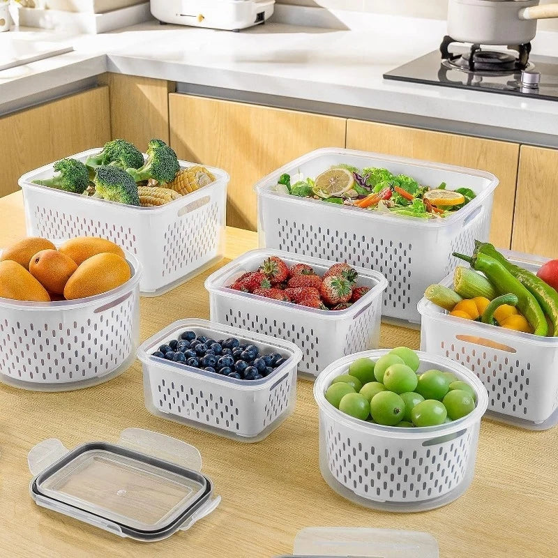 6-Piece Fridge Produce Containers with Drain Baskets & Sealed Lids