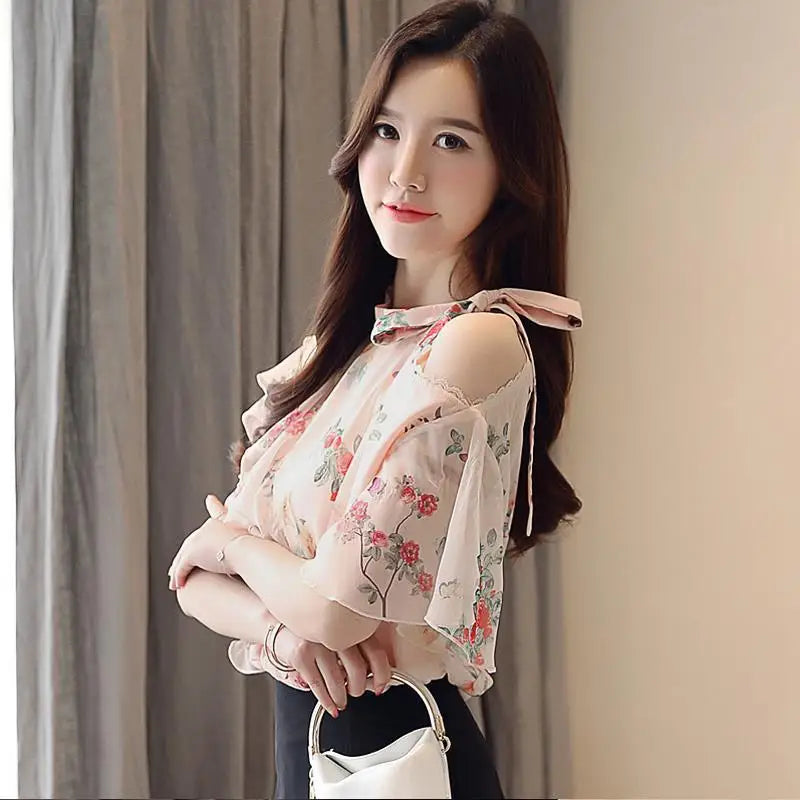 Chiffon Female Tops Floral with Puffy Sleeves Women's Shirt Blouse Modern Long Tall Elegant Luxury Korean Popular Clothes Pretty