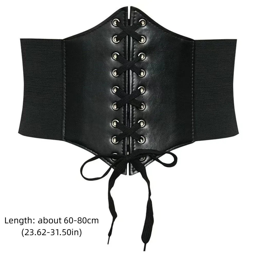 Women's Wide Elastic Corset Belt – Faux Leather Lace-Up Waist Belt