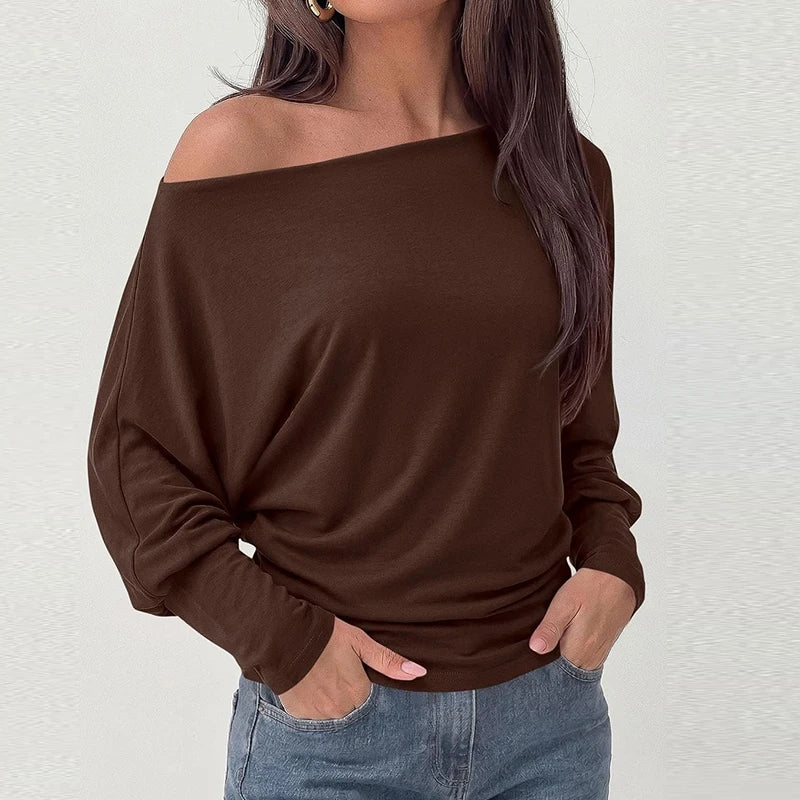 Elegant Off Shoulder Women T-Shirts Solid Color Long Sleeve Shirts For Women Spring Autumn Loose Pullover Lady Basic Tops