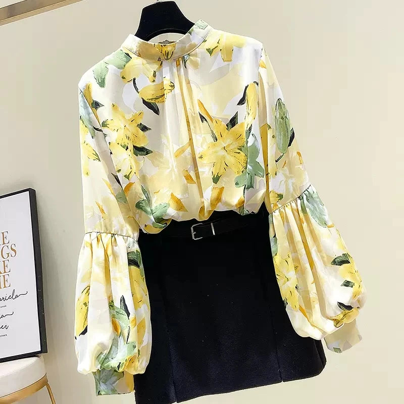 Yellow Floral Printing Chiffon Stand Collar Lantern Sleeve Pullover Women's Blouse Shirt Casual Female Clothing Tops Fashion