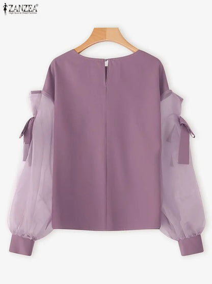 Mesh-Bluse mit Schleifendetail und Laternenärmeln