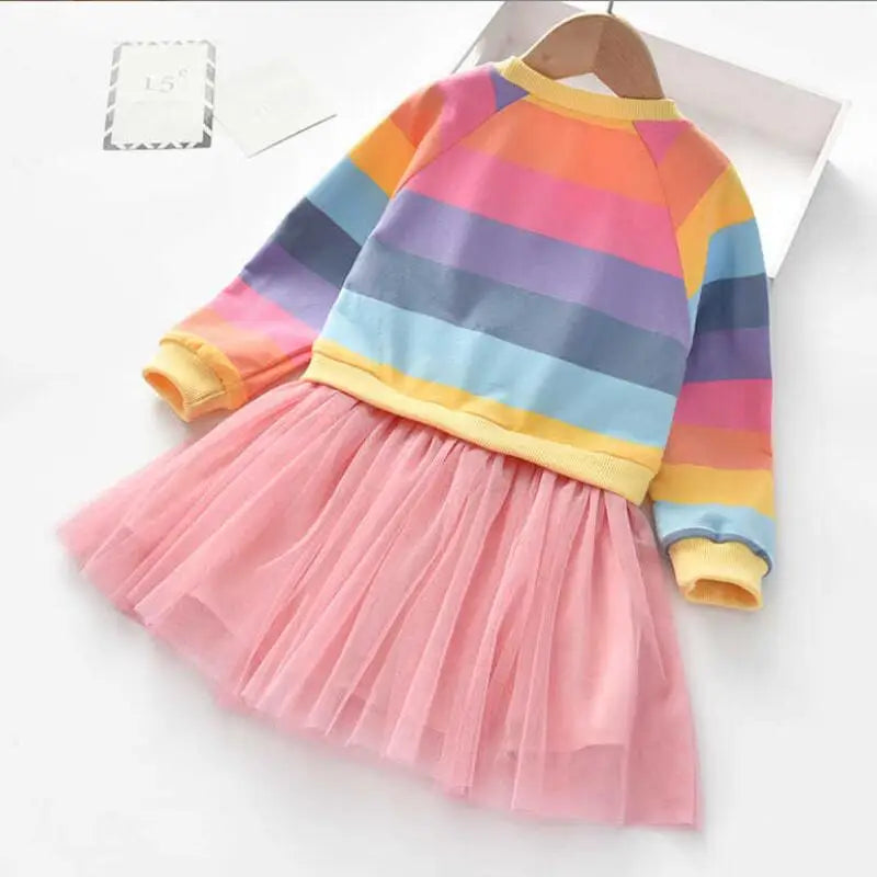Girls' Rainbow Stripe Fleece Tutu Dress - Long Sleeve Autumn Princess Dress, 3T-7T