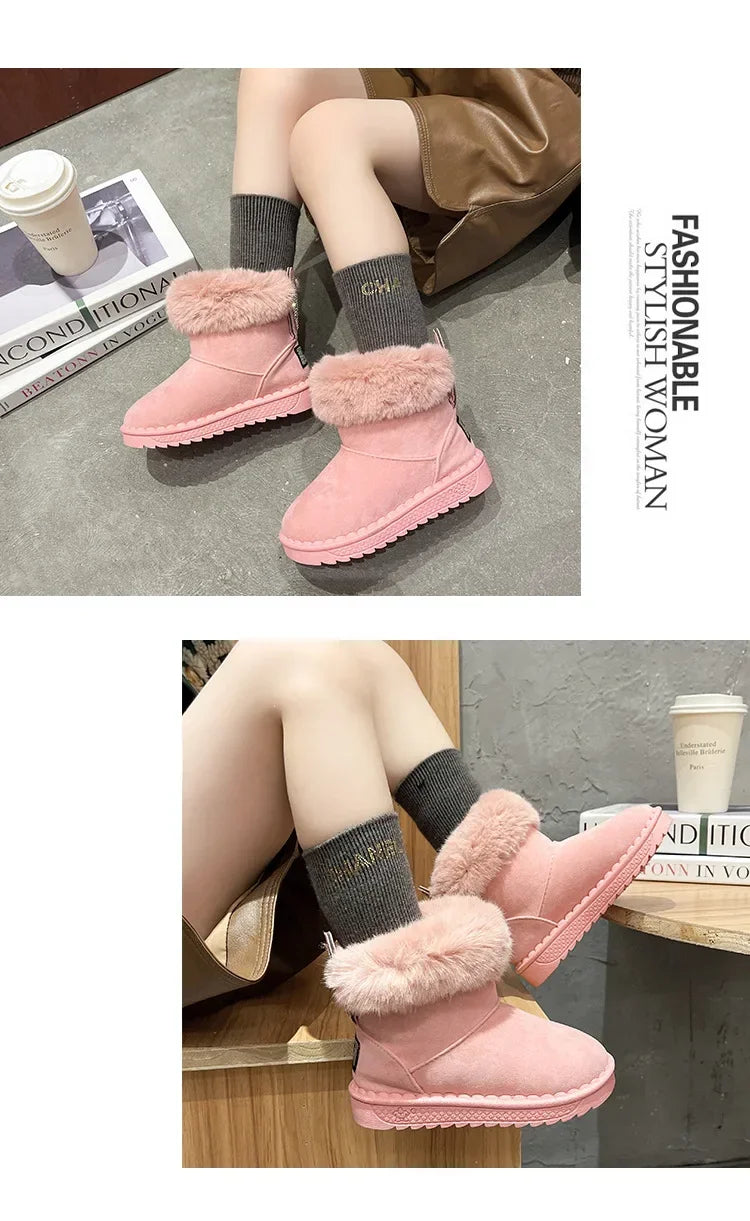 Kids Genuine Cowhide Snow Boots Winter Baby Soft Warm Cotton Shoes with Plush Boys Girls One Fur Suede Boots Princess Retro Boot