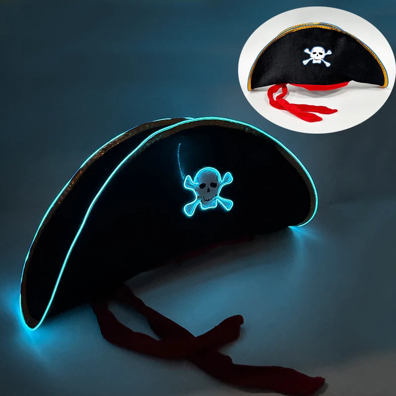 LED Light-Up Pirate Captain Hat - Glowing Tricorn Costume Hat for Halloween & Parties