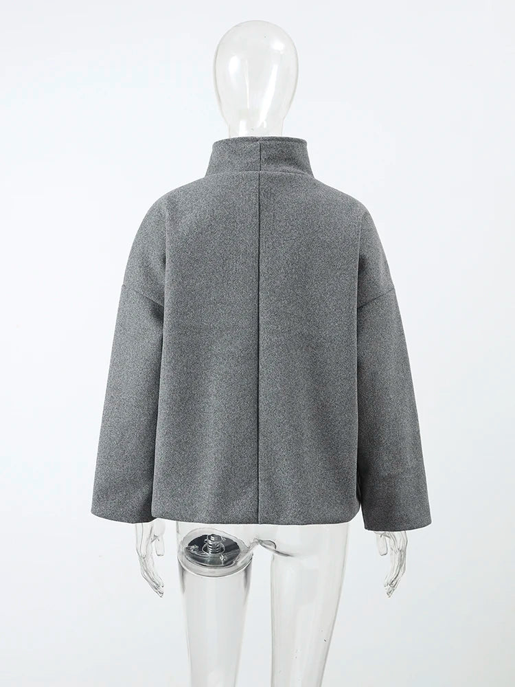 Classic Black High Neck Faux Wool Coats Women Chic Double Breasted Wide Sleeve Pocket Jackets Fall Winter Street Loose Outerwear