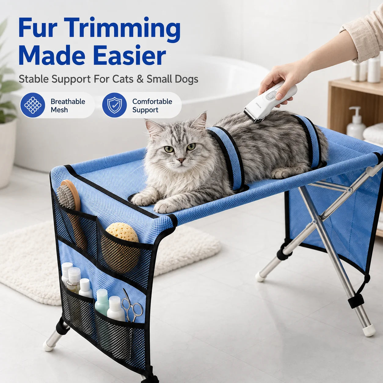 Table de toilettage portable pour animaux de compagnie Station de bain pliable pour chiens Établi de toilettage pour chats Hauteur réglable Outil de coupe de poils et de griffes
