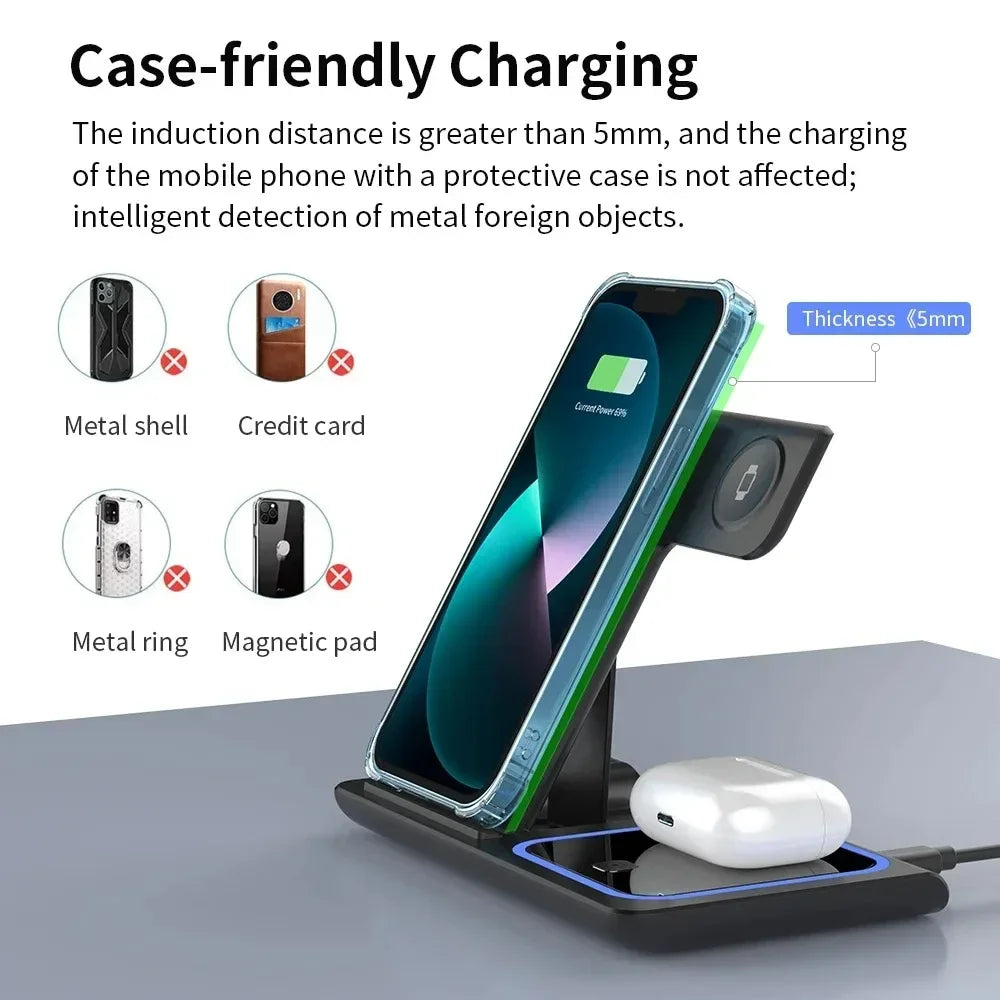 30W Foldable 3-in-1 Wireless Charging Stand with LED