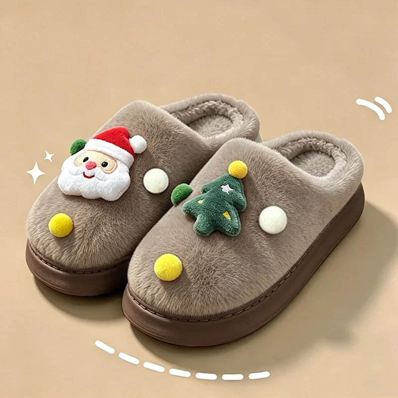 Pantofole natalizie in peluche da donna – Pantofole da casa con plateau in pelliccia sintetica e Babbo Natale