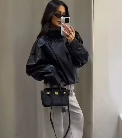 Chaqueta de cuero sintético con cremallera para mujer Guobioziy
