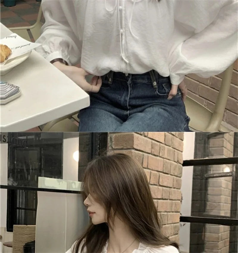 French Solid Color Leisure Women Sweet Solid Color V-neck Ruffled Edge Pullover Shirt Female Loose Fitting Lantern Sleeve Blouse