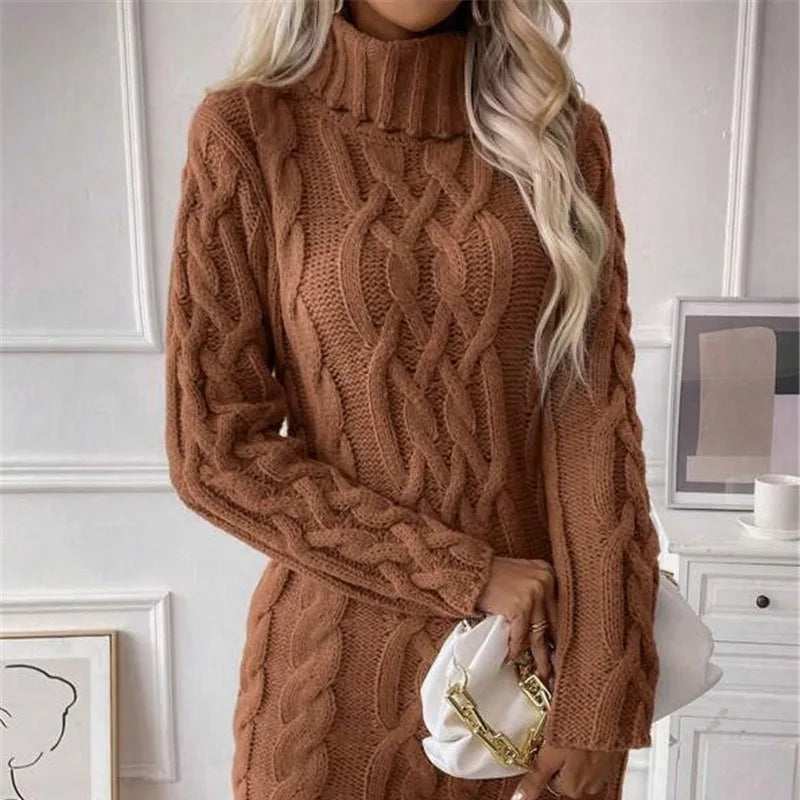 Women's Twisted-Knit Turtleneck Knee-Length Dress