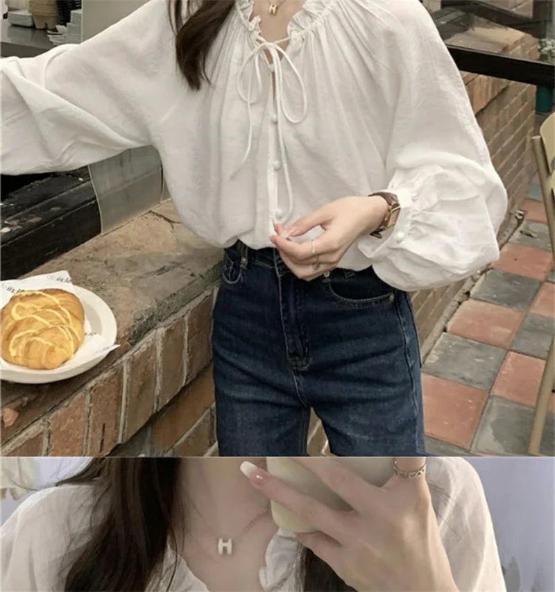 French Solid Color Leisure Women Sweet Solid Color V-neck Ruffled Edge Pullover Shirt Female Loose Fitting Lantern Sleeve Blouse