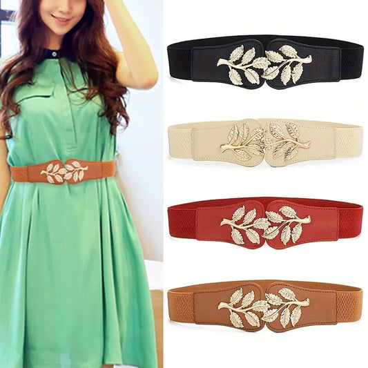 Ceinture élastique à feuilles dorées pour femme – Boucle à double crochet