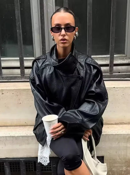 Chaqueta de cuero sintético con cremallera para mujer Guobioziy