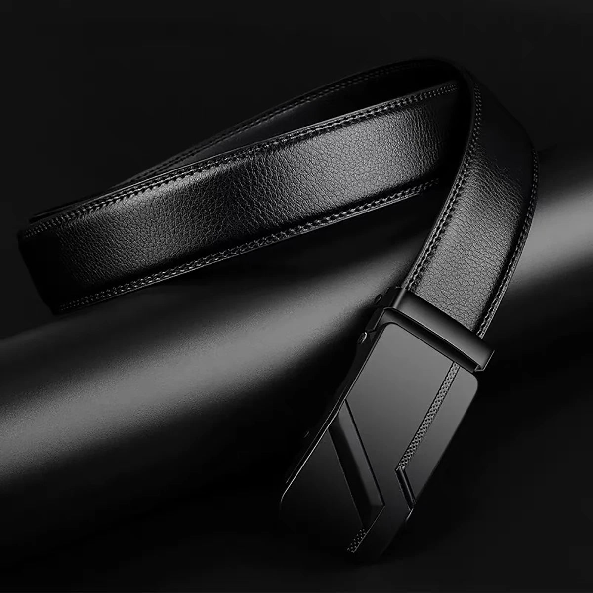 Men's Automatic Buckle Belt – Black Faux Leather Ratchet Belt, 110–130 cm