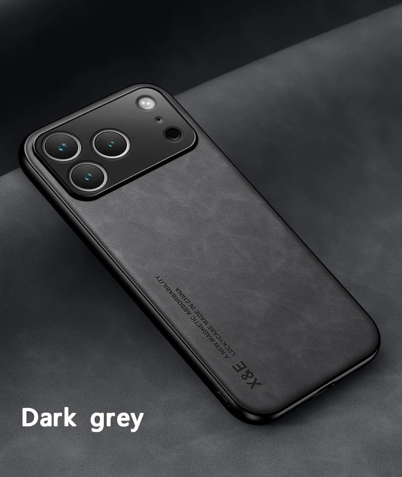 Luxury Leather Case For iPhone 17 18 16 15 14 13 12 11 Pro Max Plus 13 12 Mini Air 16E Cover With Metal Plate Support Car Hold