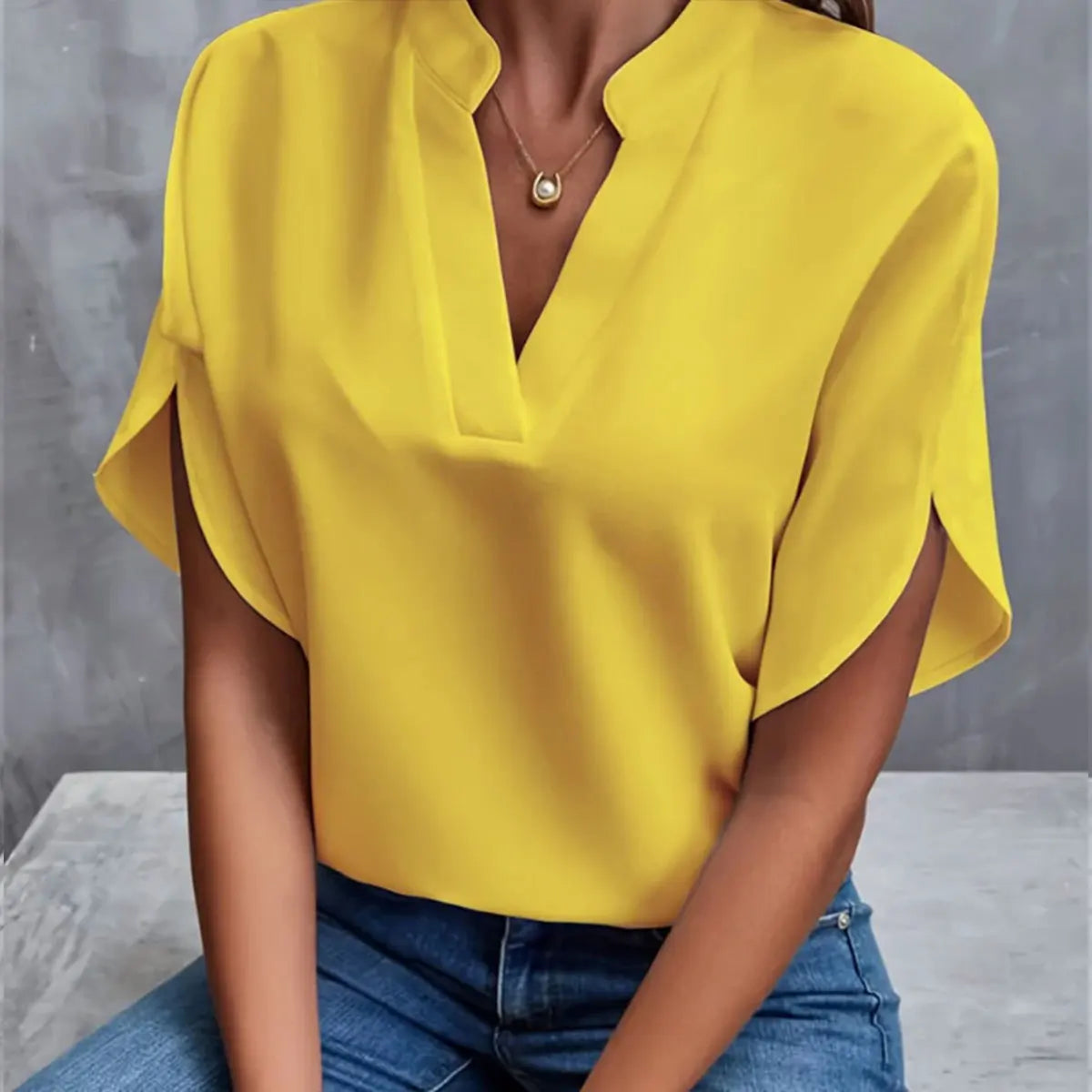 Women's Elegant V-Neck Chiffon Blouse – Casual Short Sleeve Loose Summer Top