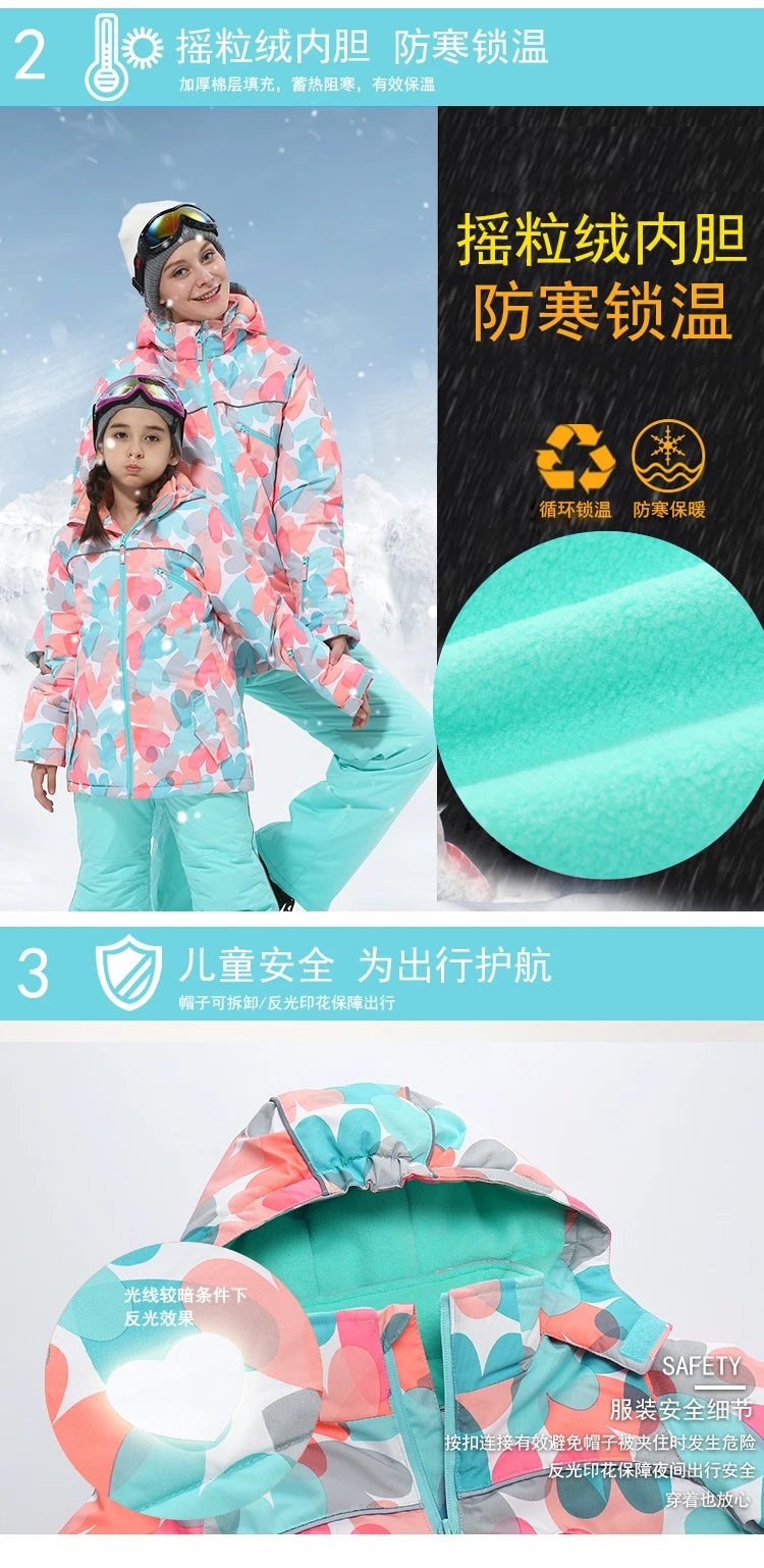 Girls Ski Suits Set Snowboard Coat Pant Waterproof Windproof Warm Children Outdoor Sportwear Young Teen Snowboard Skiing Suit