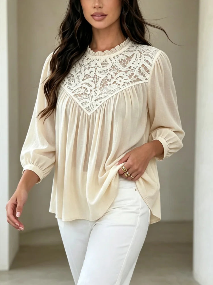 Mori New Chic Women Spring Autumn Lace Spliced Chiffon Blouse Ruffle Neck Lantern Long Sleeve Loose Fit Elegant Daily Tops