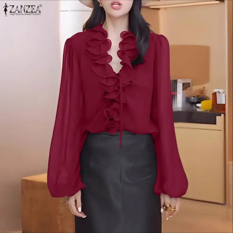 Ruffle Lace-Up V-Neck Blouse