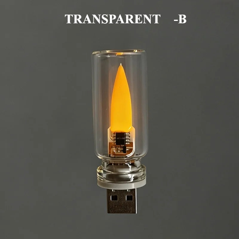 USB Flame Flickering LED Frosted Clear Glass Candle Night Light Simulated Flame for Car Home Room Laptop PC Festival Decoration