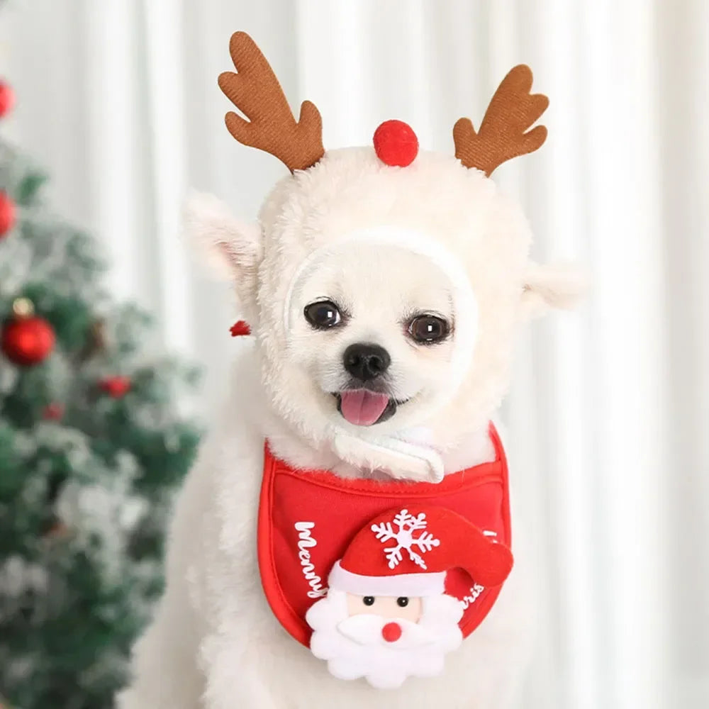 Christmas Pet Costume Set – Santa or Reindeer Hat with Scarf for Cats & Small Dogs