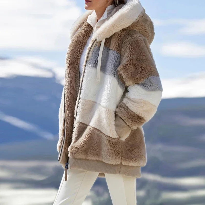Winter Fashion Women's Coat 2026 Hooded Zipper Ladies Jacket Spliced Thick Cashmere Women Jacket Stitching Plaid Ladies Coats