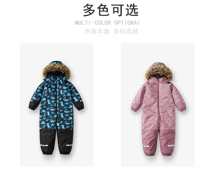 Baby Boys One-Piece Ski Suits Children's Snowboarding Fur Hooded Thick Windproof Warm Skiing Sports Clothes for Winter