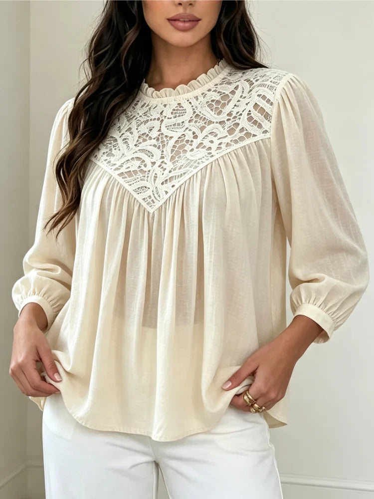 Mori New Chic Women Spring Autumn Lace Spliced Chiffon Blouse Ruffle Neck Lantern Long Sleeve Loose Fit Elegant Daily Tops