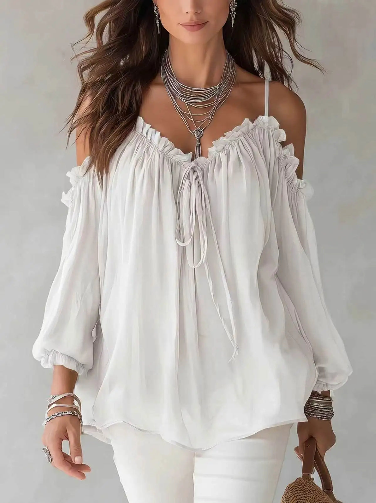 Elegant Off Shoulder Blouse Ruffled V Neck Lace Up Puff Sleeve Chiffon Shirts Loose Casual Summer Fashion Women Long Sleeve Top