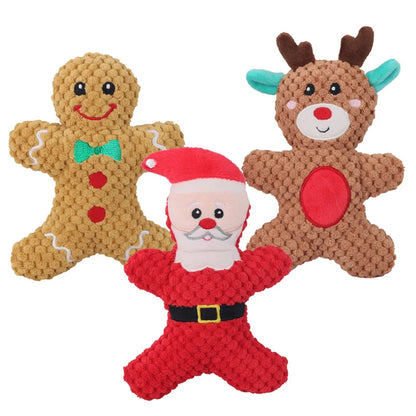 Plüsch-Kauspielzeug für Hunde mit Quietschgeräusch, Weihnachtsmotiv mit Nikolaus, Rentier, Lebkuchenmännchen und Donut, Weihnachts-Plüschspielzeug für Katzen und Hunde, Quietsche-Haustierspielzeug