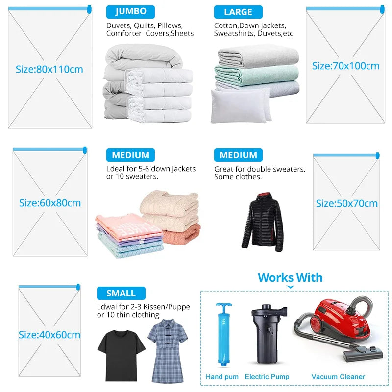 Vacuum Storage Bags for Clothes | Space Saver Bags with Valve | 6 Sizes Available