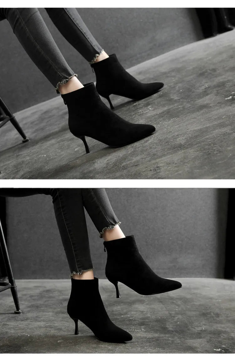 Suede Pointy Toe Ankle Boots Zipper Thin Heels Size 31-43 Winter Short Boots for Women High Heels Big Size High Heels