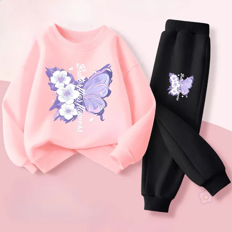 Girls' Butterfly Print Hoodie & Pants Set - 2-Piece Spring Tracksuit, Sizes 100-150