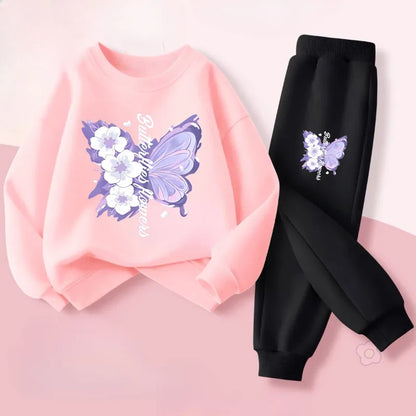 Mädchen-Set aus Kapuzenpullover und Hose mit Schmetterlingsdruck – 2-teiliger Frühlings-Trainingsanzug, Größen 100–150